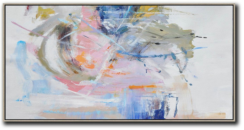 Extra Large Acrylic Painting On Canvas,Panoramic Abstract Art On Canvas,Modern Canvas Art Grey,White,Blue,Green